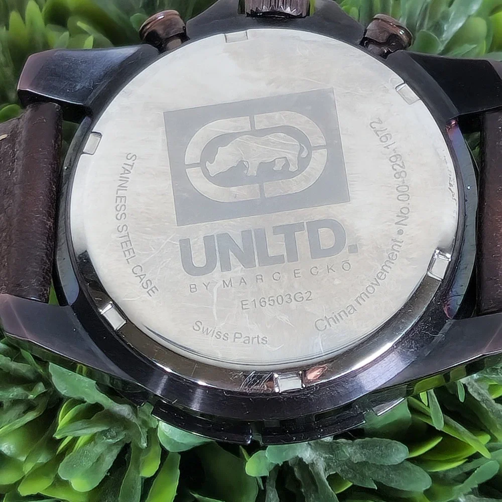 Y2K Marc Ecko UNLTD Watch E16503G2 Chocolate Brown Leather Stainless Steel Logo
